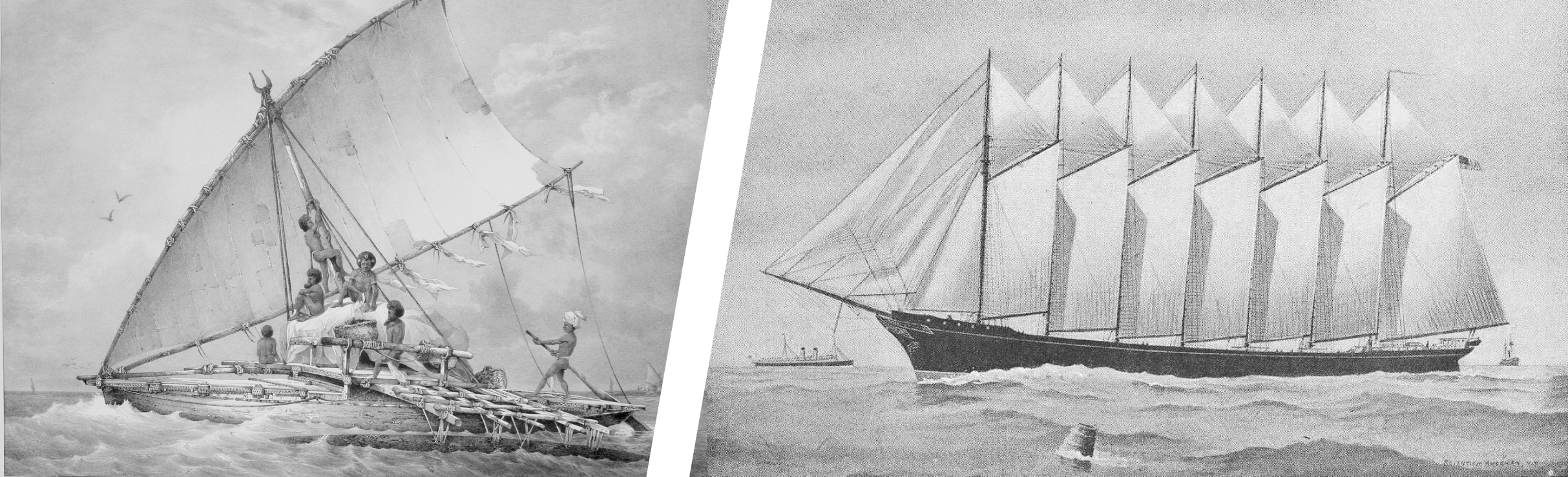 A sailboat with many sails.