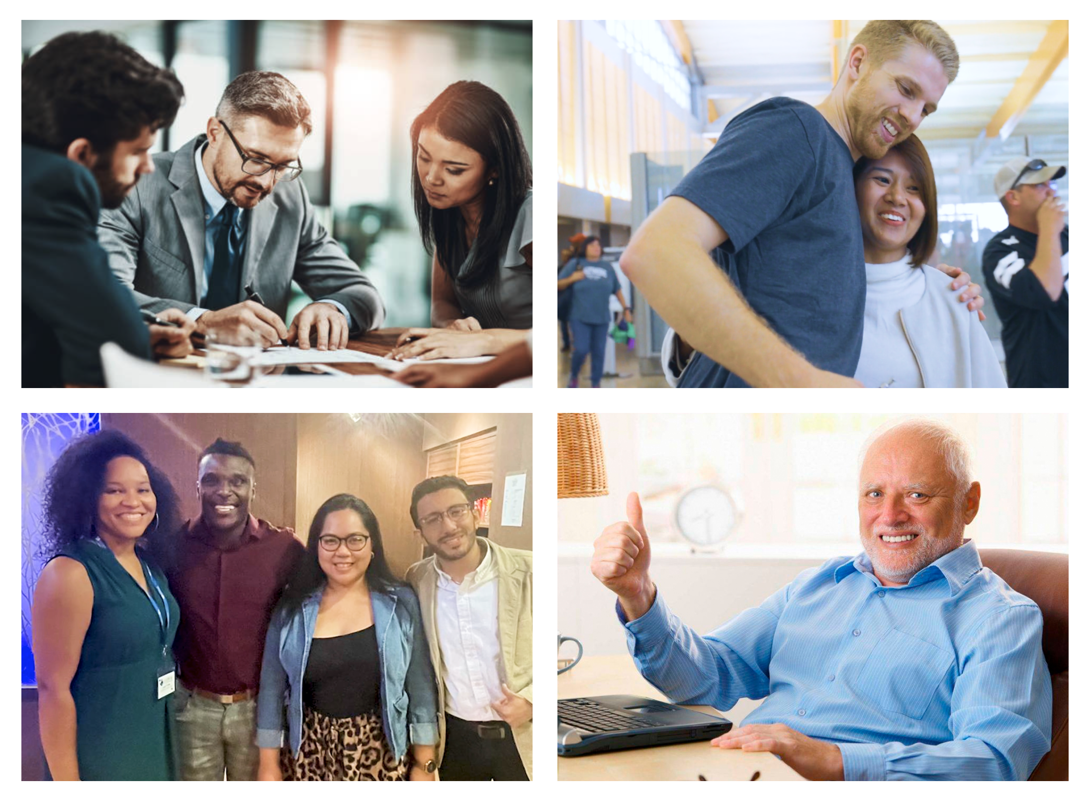 a collection of four images: top left is three business people looking at a document, top-right is a man greeting a woman at the airport, bottom-left is a group of 4 people posing for a photo at an event, bottom-right is an older man giving a thumbs-up