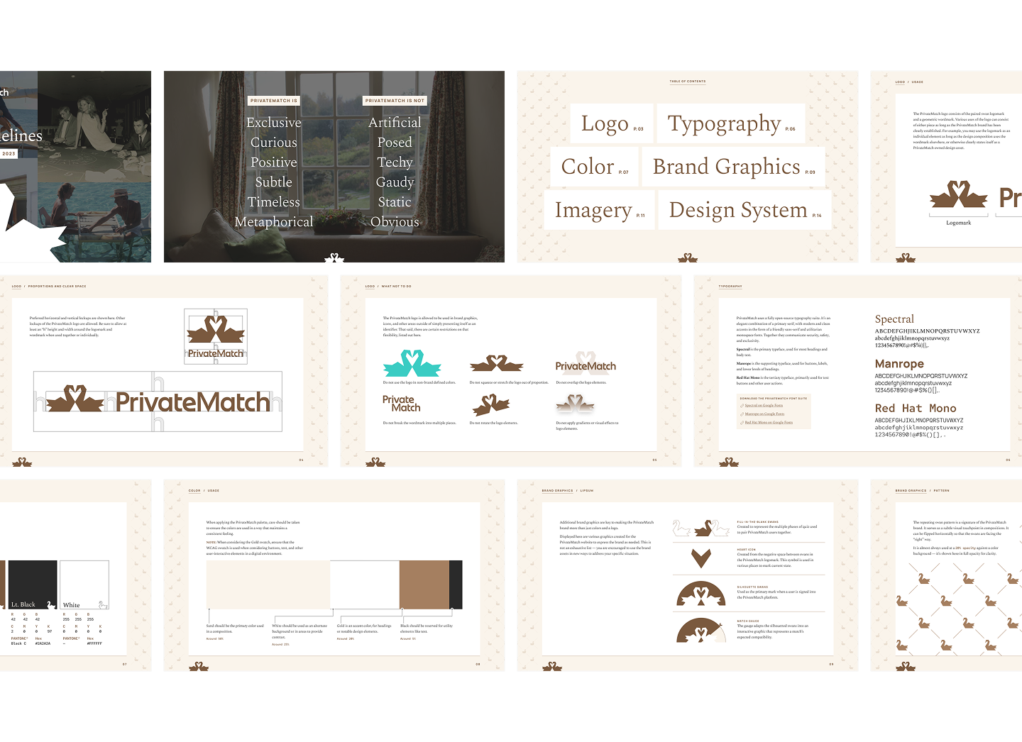 PrivateMatch brand guidelines pages covering logo usage, typography, color palette, and supporting brand graphics.