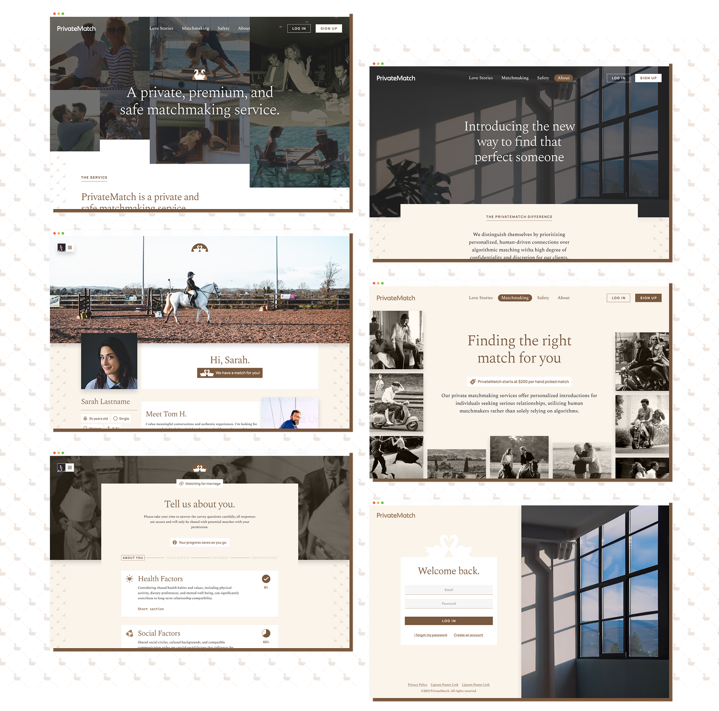 A montage of finished PrivateMatch pages, including the homepage, matchmaking, onboarding survey, and login screens.
