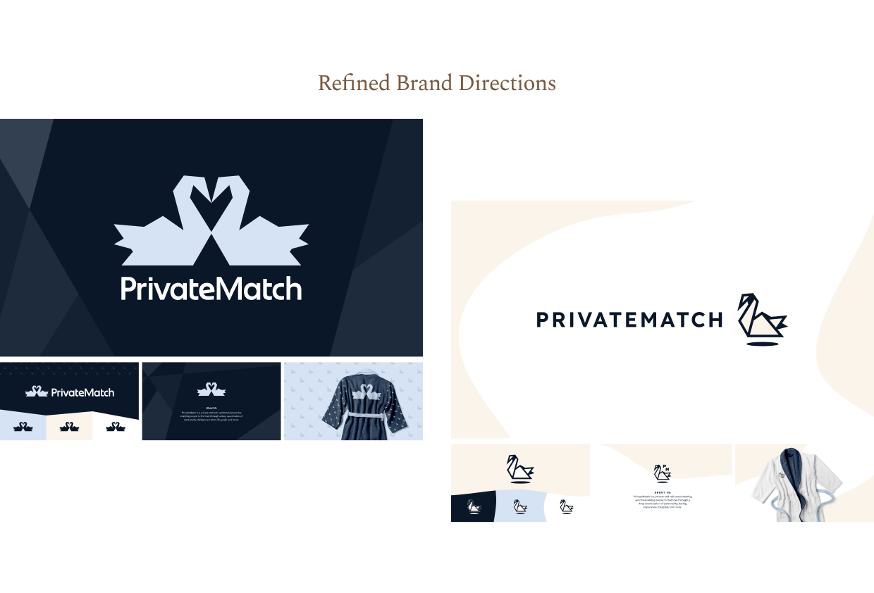 Two refined PrivateMatch brand directions, each with a swan logomark, wordmark, and color palette.