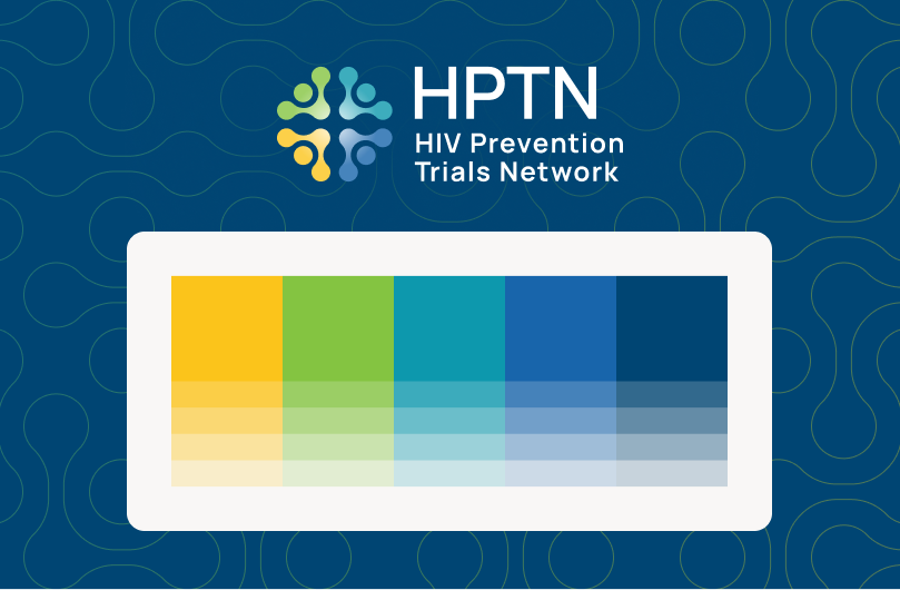 The HPTN logo and its five-color palette, running from yellow to navy, shown on a blue textured background.