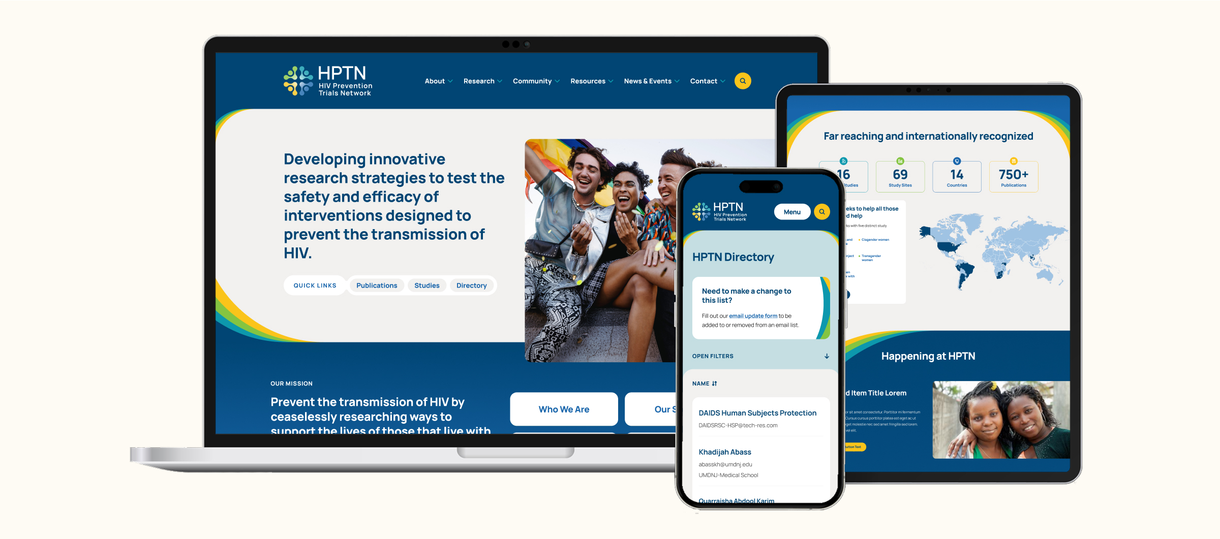 The 2024 redesign of the HPTN website shown on laptop, tablet, and phone.
