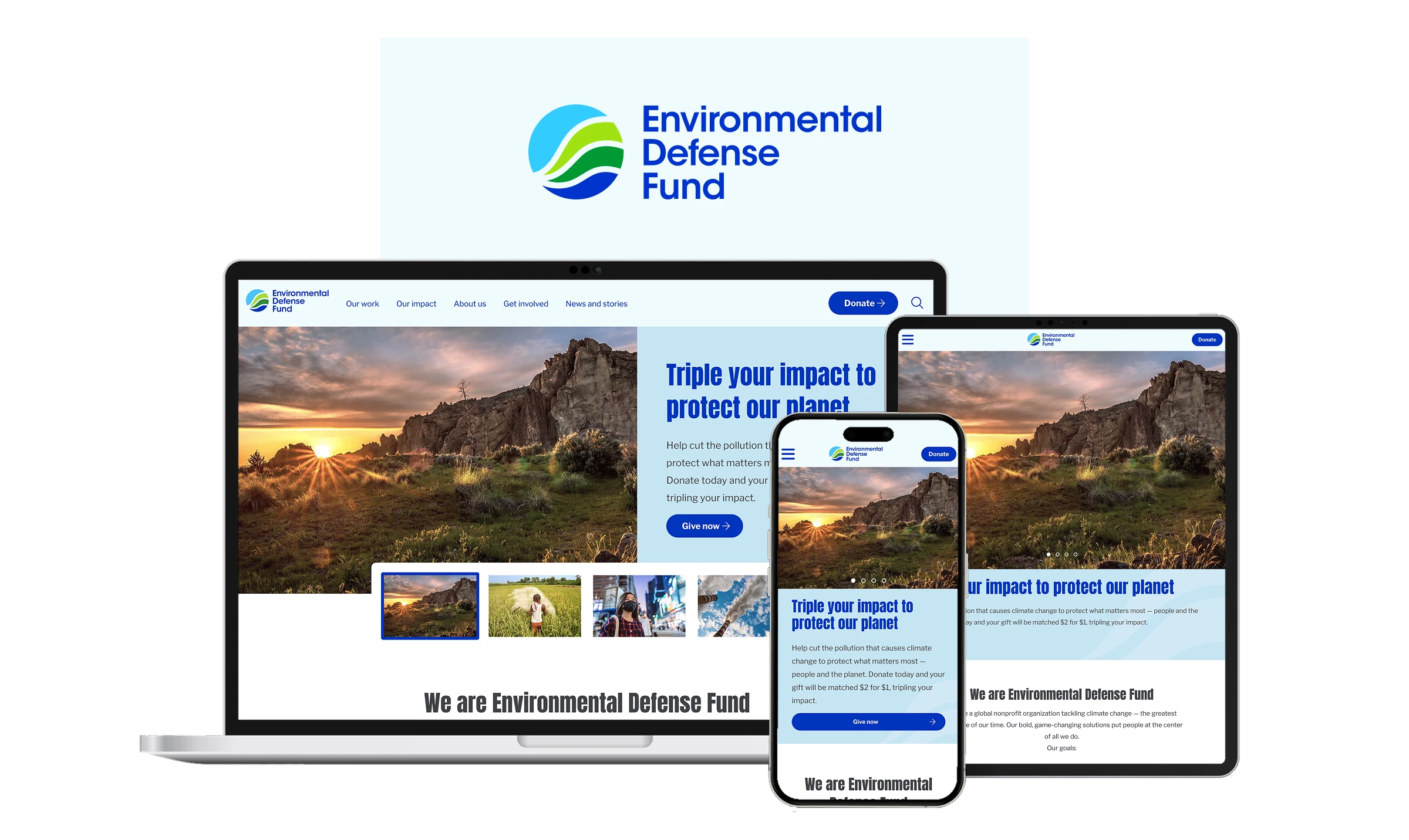 The redesigned edf.org homepage shown across a laptop, tablet, and phone, with a donation call-to-action over a sunrise landscape photo.