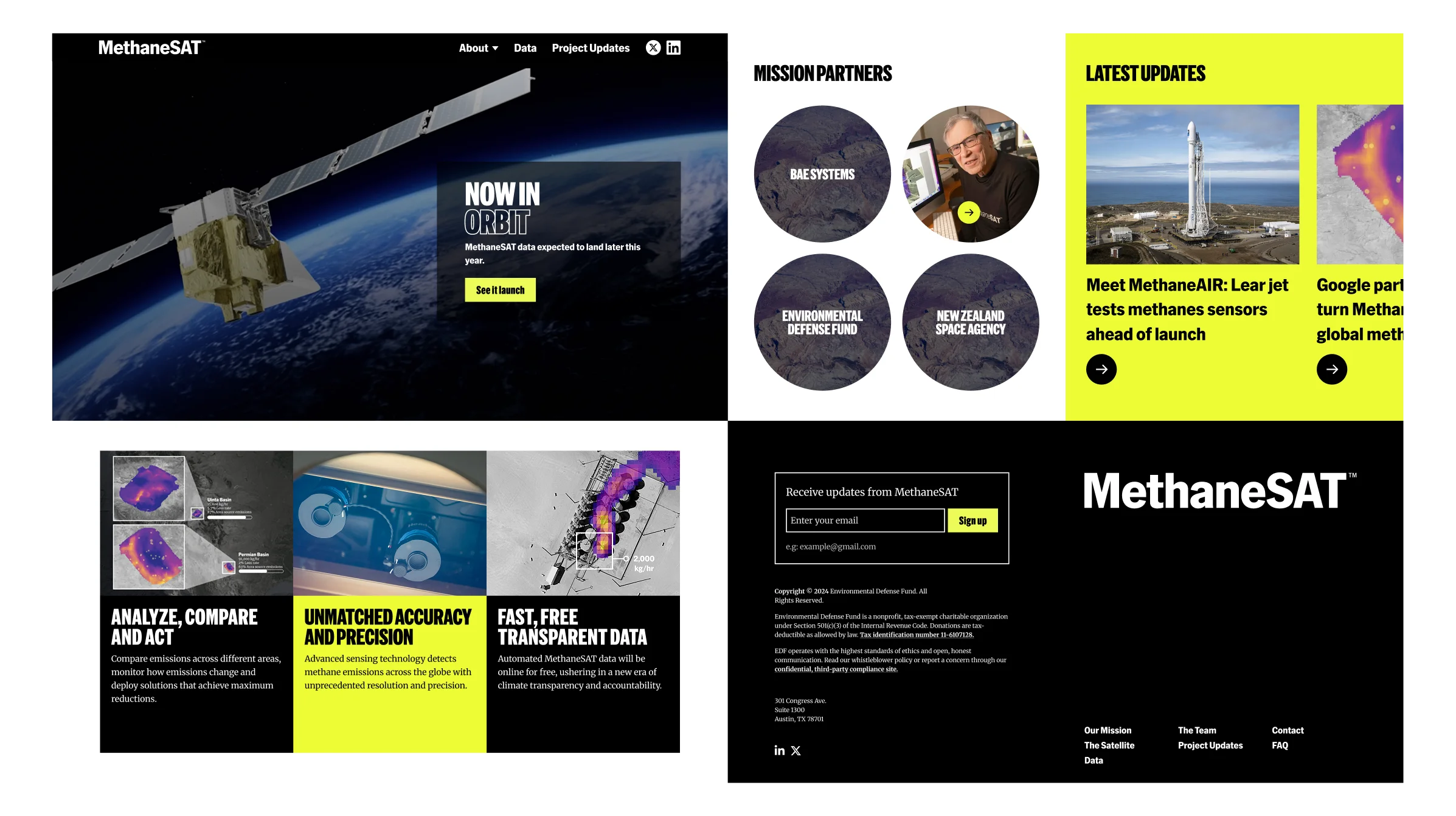 A composite view of the MethaneSAT site: the 'Now in Orbit' hero, mission partner logos, latest project updates, and a data section on analyzing methane emissions.