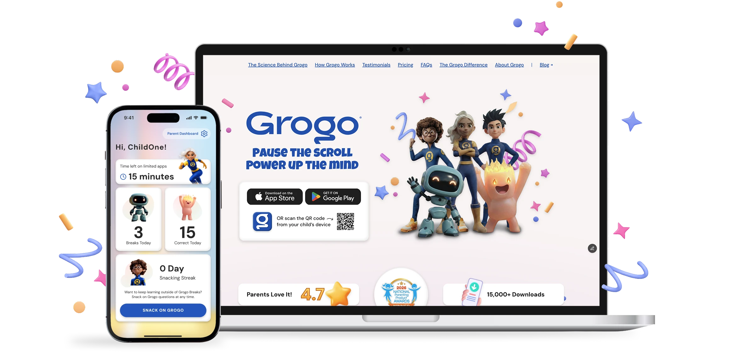 The redesigned Grogo marketing site and mobile app shown across a laptop and phone, with the Grogo character cast and colorful confetti graphics.