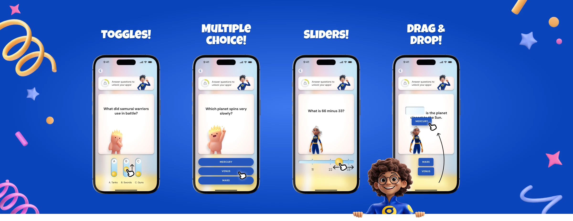 Four phone screens demonstrating Grogo's new question formats: toggles, multiple choice, sliders, and drag and drop.