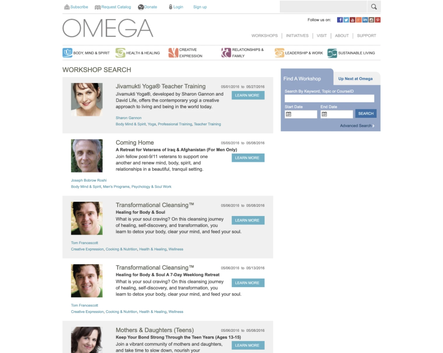 Omega's old search results page, showing a plain workshop list alongside a sidebar calendar widget.