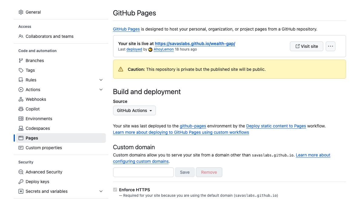 Screenshot of GitHub pages options on github.com