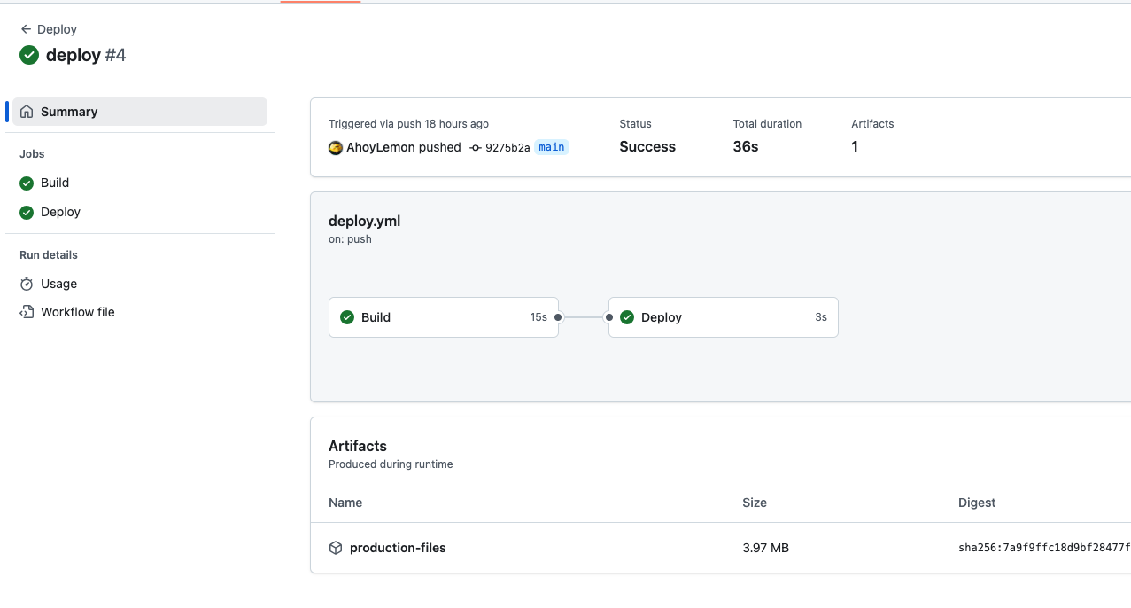 Screenshot of a successful github deploy action