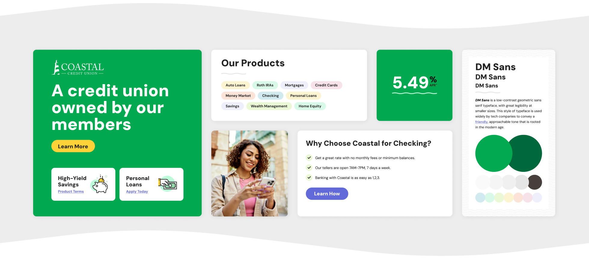 A mood board showing colors, fonts, and web elements of a modern website.