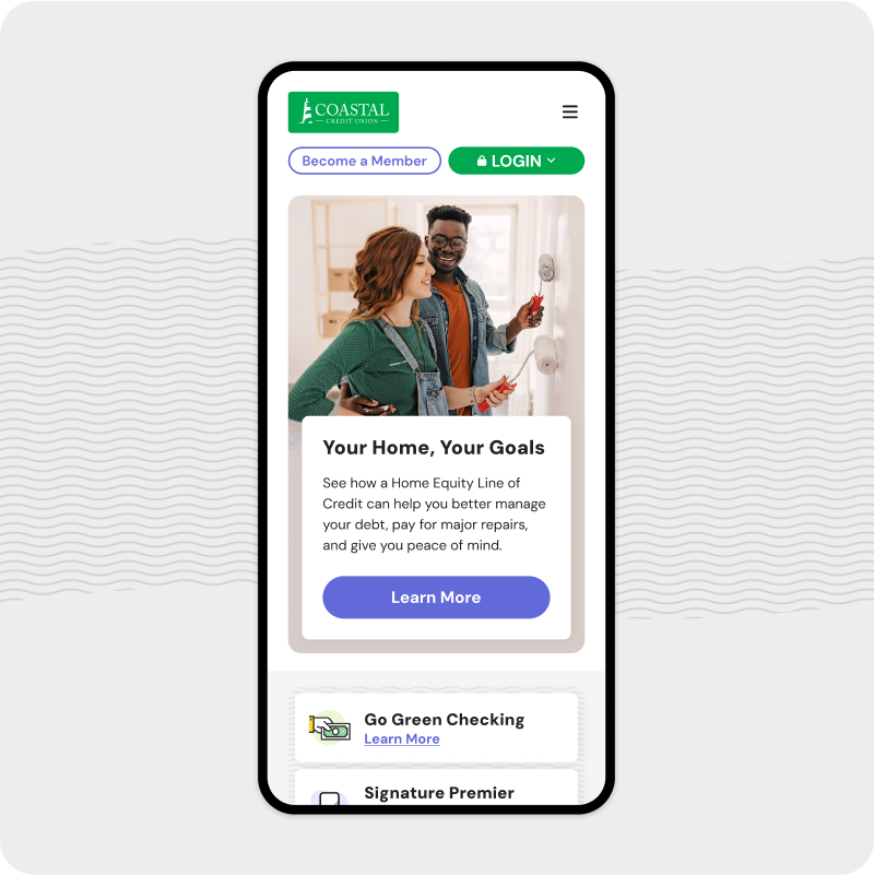 A homepage mockup inside a stylized mobile phone frame.