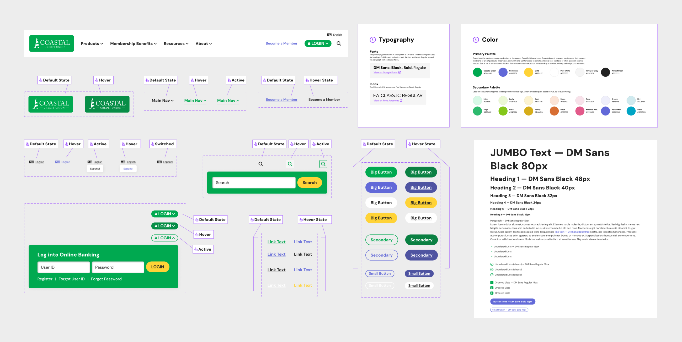 A comprehensive collection of website elements including notes for variants and hover/focus states.